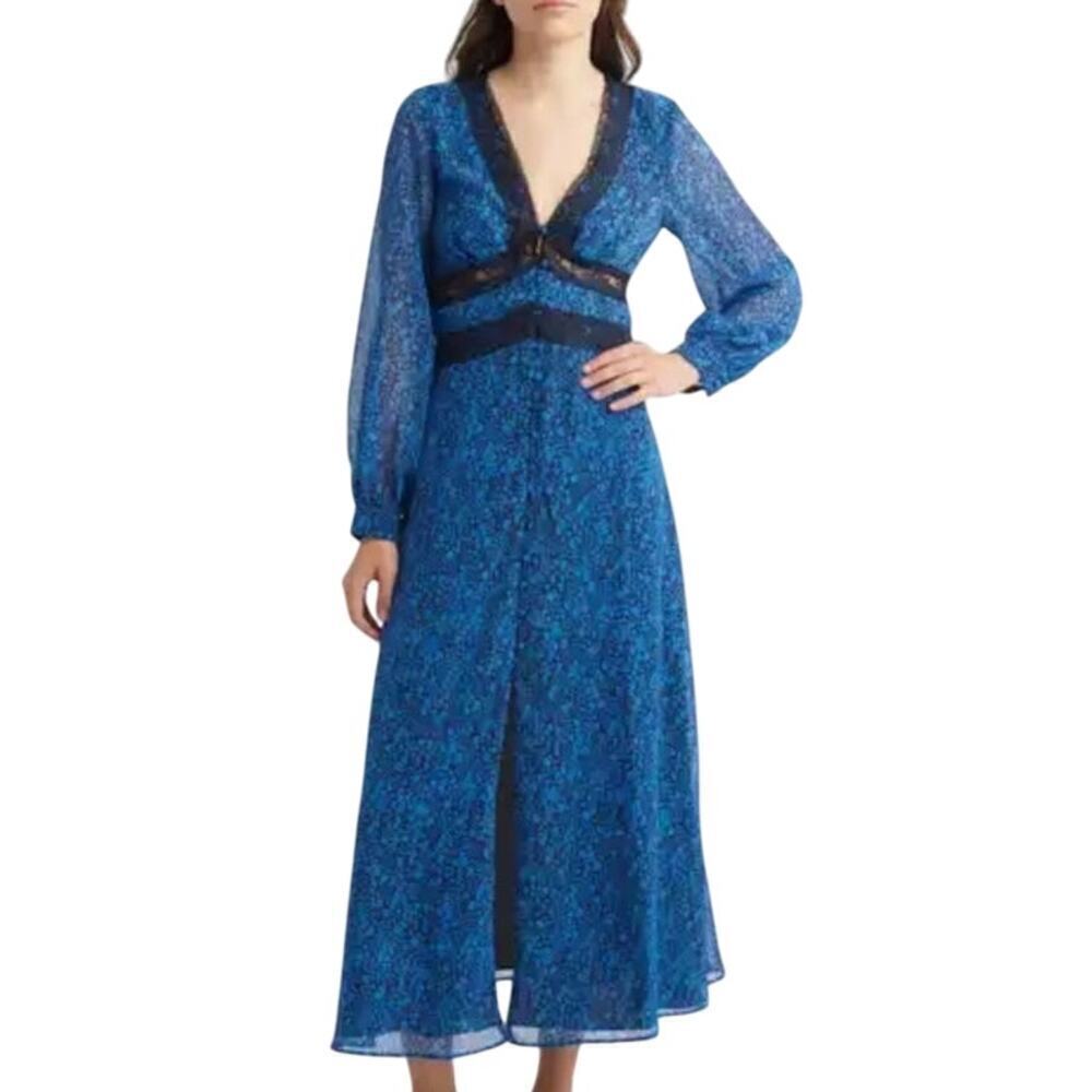 ADOR Floral Long Maxi Dress Blue | V Neck, Slit, Black Lace Trim, Small, NWT